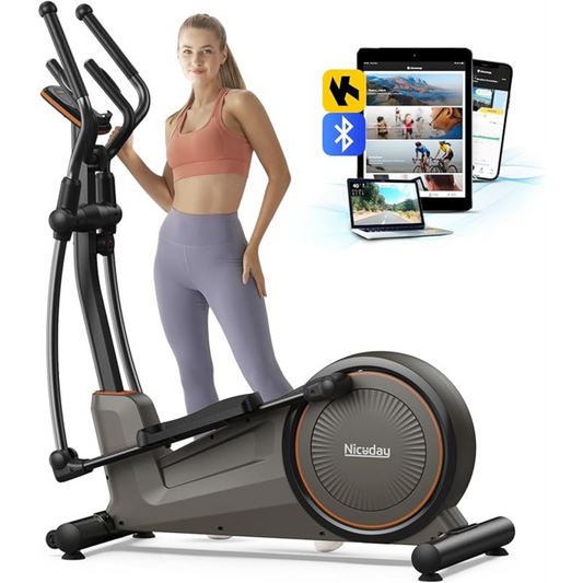 a woman standing on a stationary exercise bike